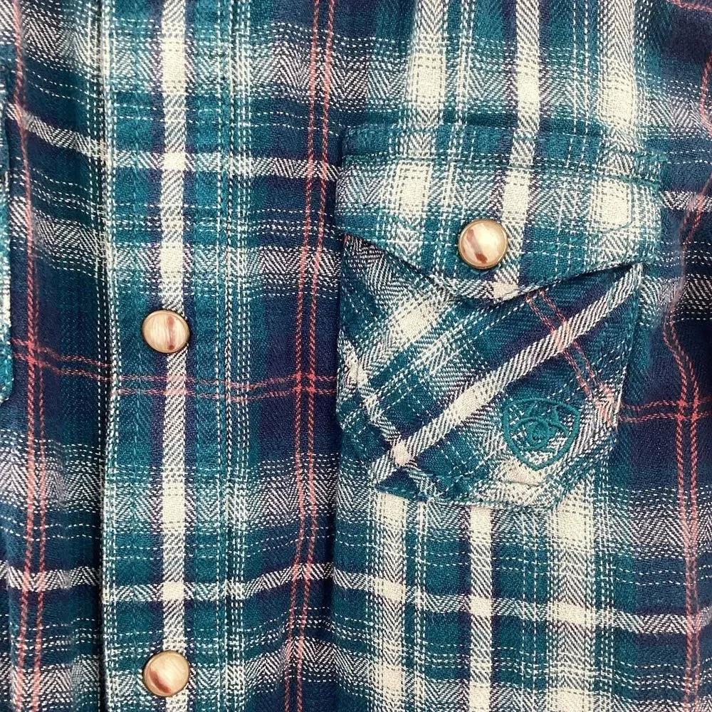 Ariat‎ Retro Fit Medium Boys Long Sleeve Pearl Snap Plaid Flannel Shirt Western